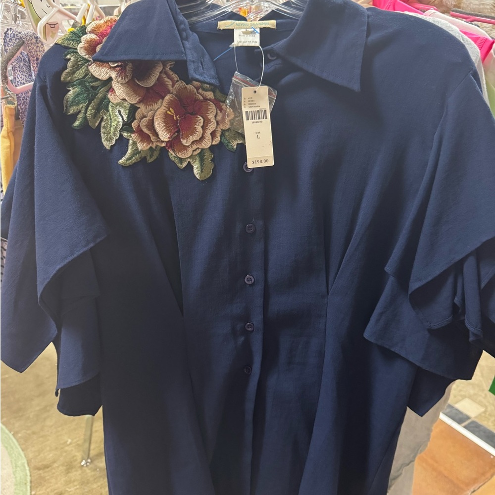 NWT - Anthropologie Zinnia Flutter Sleeve Navy Blue Women's Top - Picture 3 of 3